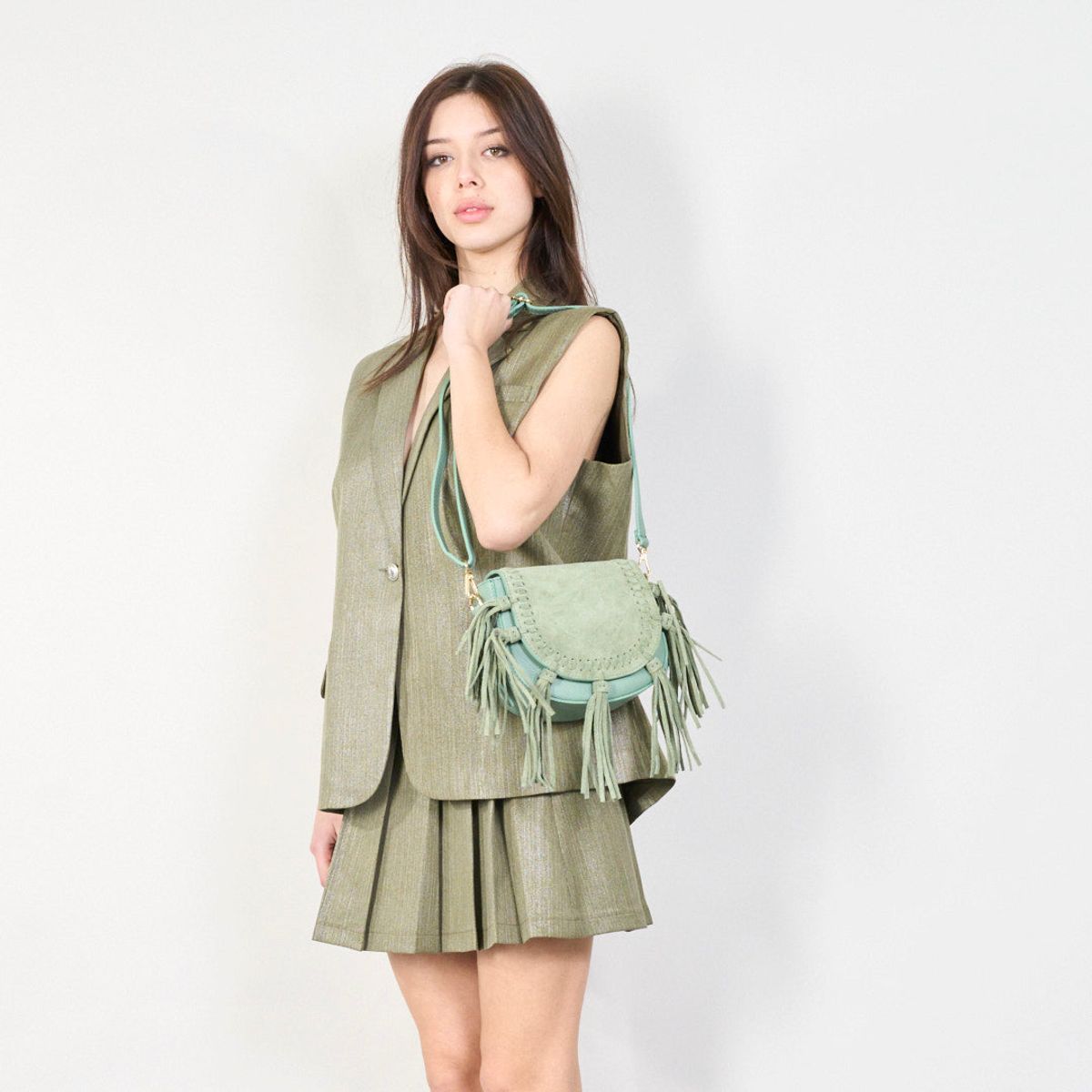Boho Skulderveske Med Frynser - Celadon